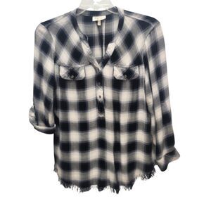 Hester & Orchard Flannel Shirt Women Large Black Ivory Plaid Fringe Hem Gorpcore